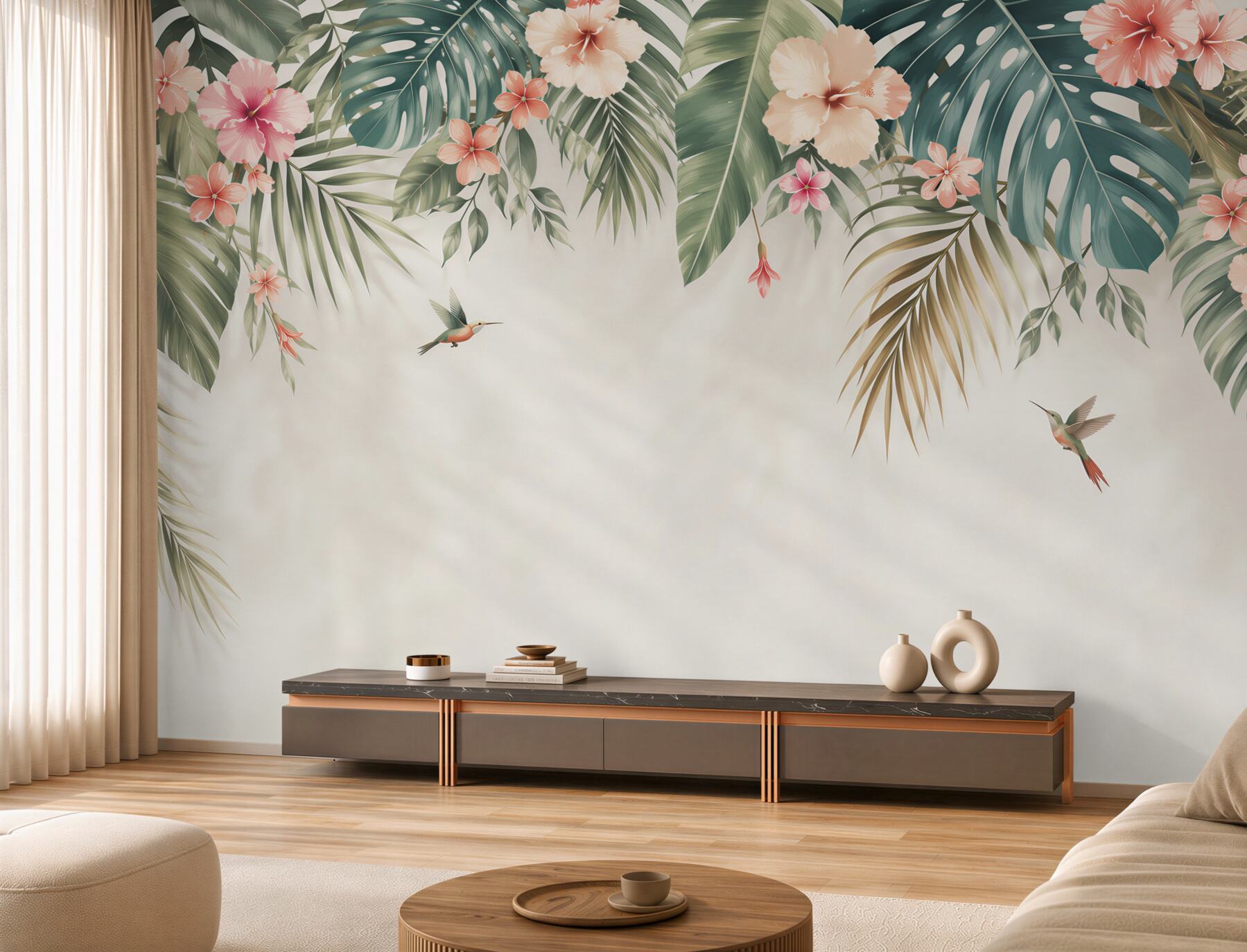 Fototapeta liście tropikalne z hibiskusami i kolibrami pastelowa
