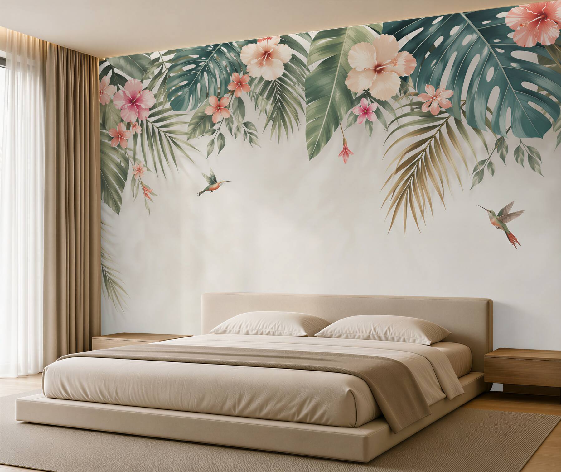 Fototapeta liście tropikalne z hibiskusami i kolibrami pastelowa?v23