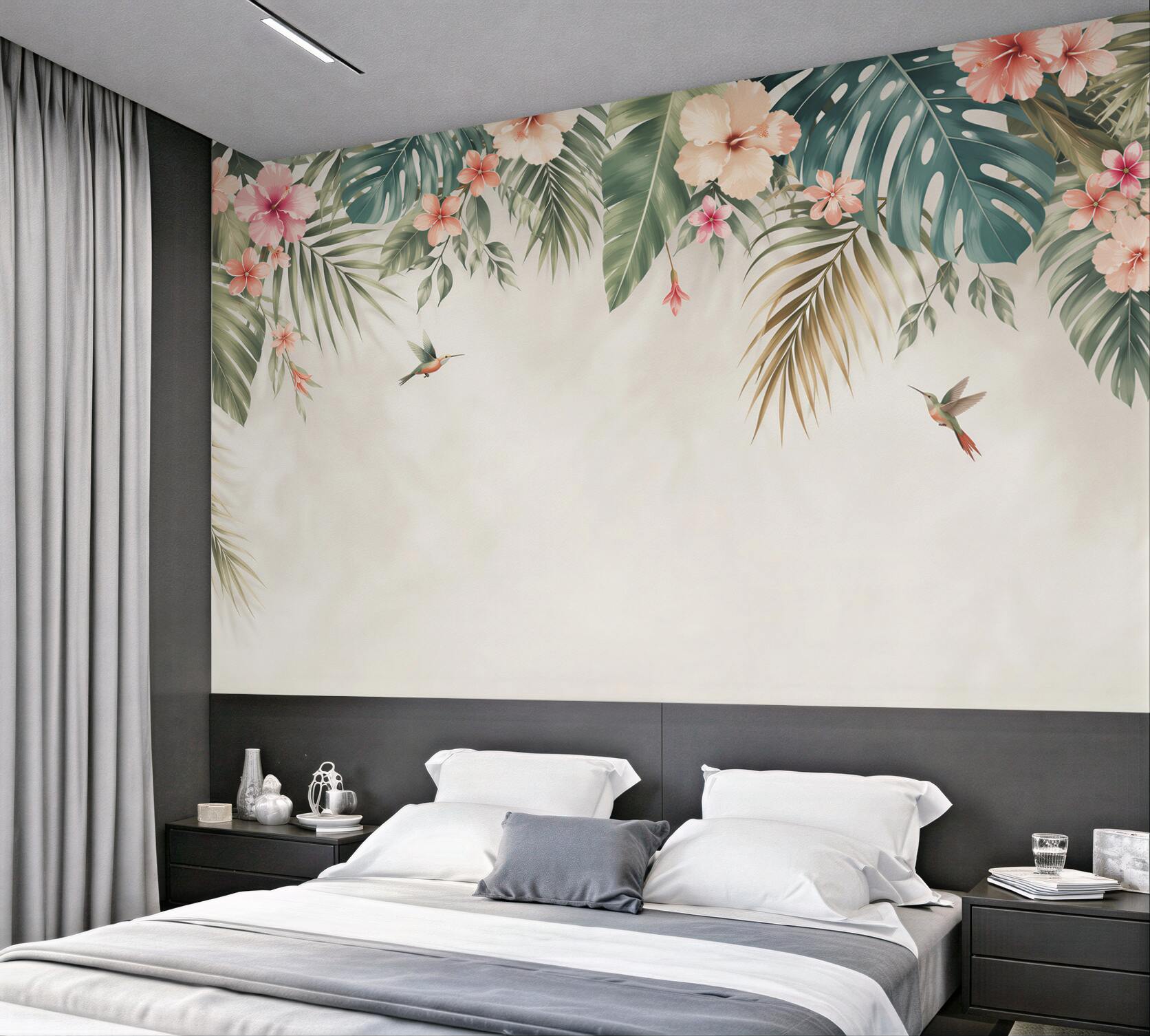 Fototapeta liście tropikalne z hibiskusami i kolibrami pastelowa?v23
