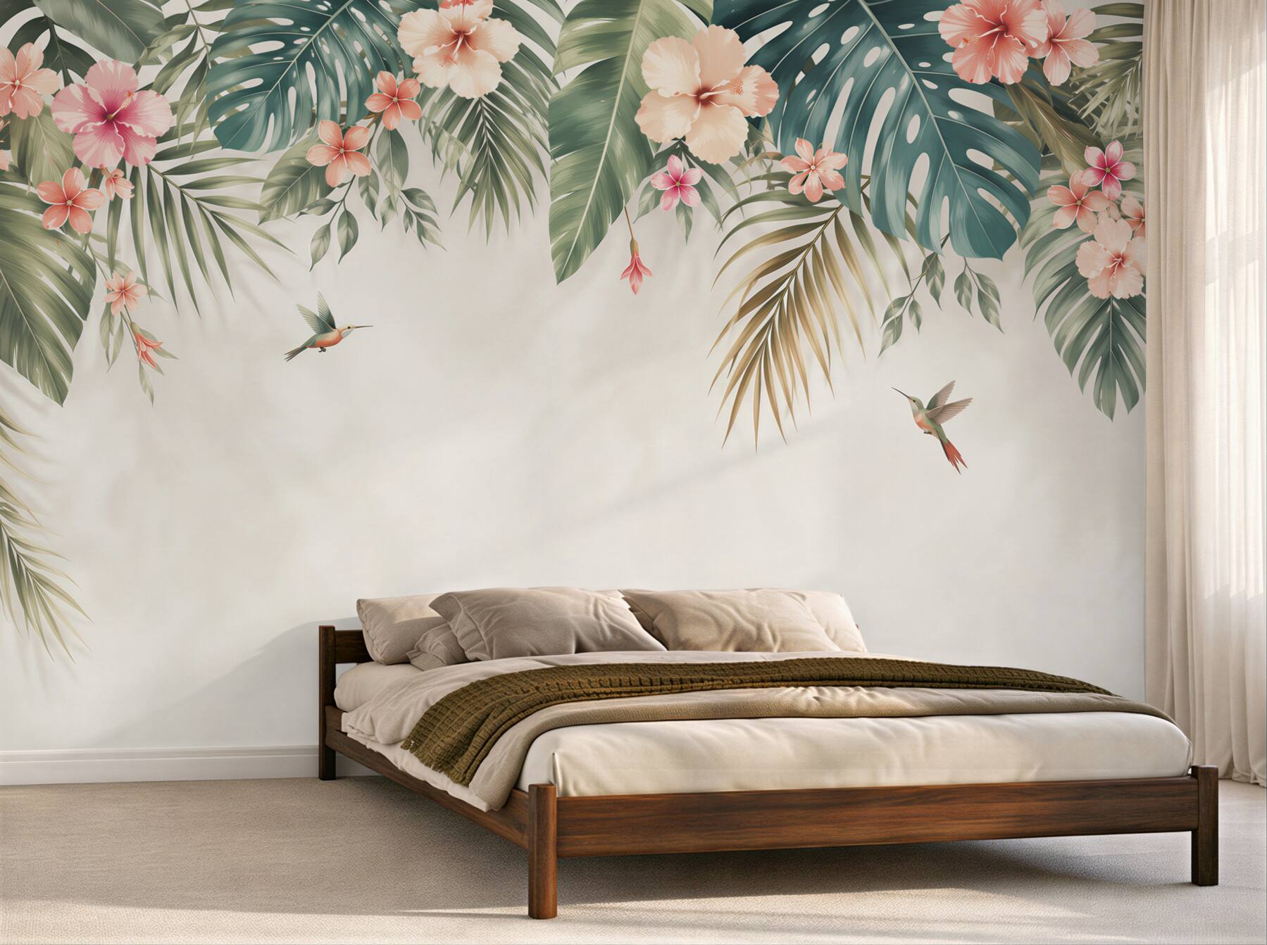 Fototapeta liście tropikalne z hibiskusami i kolibrami pastelowa?v23