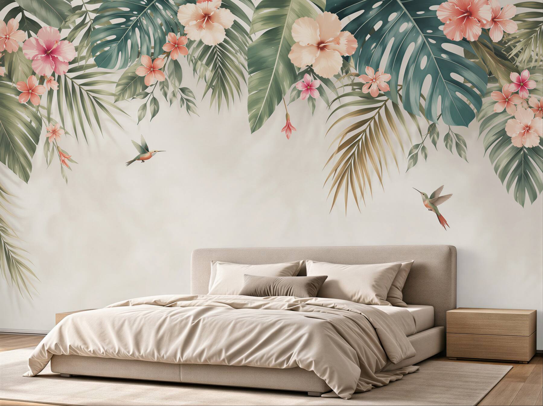 Fototapeta liście tropikalne z hibiskusami i kolibrami pastelowa?v23