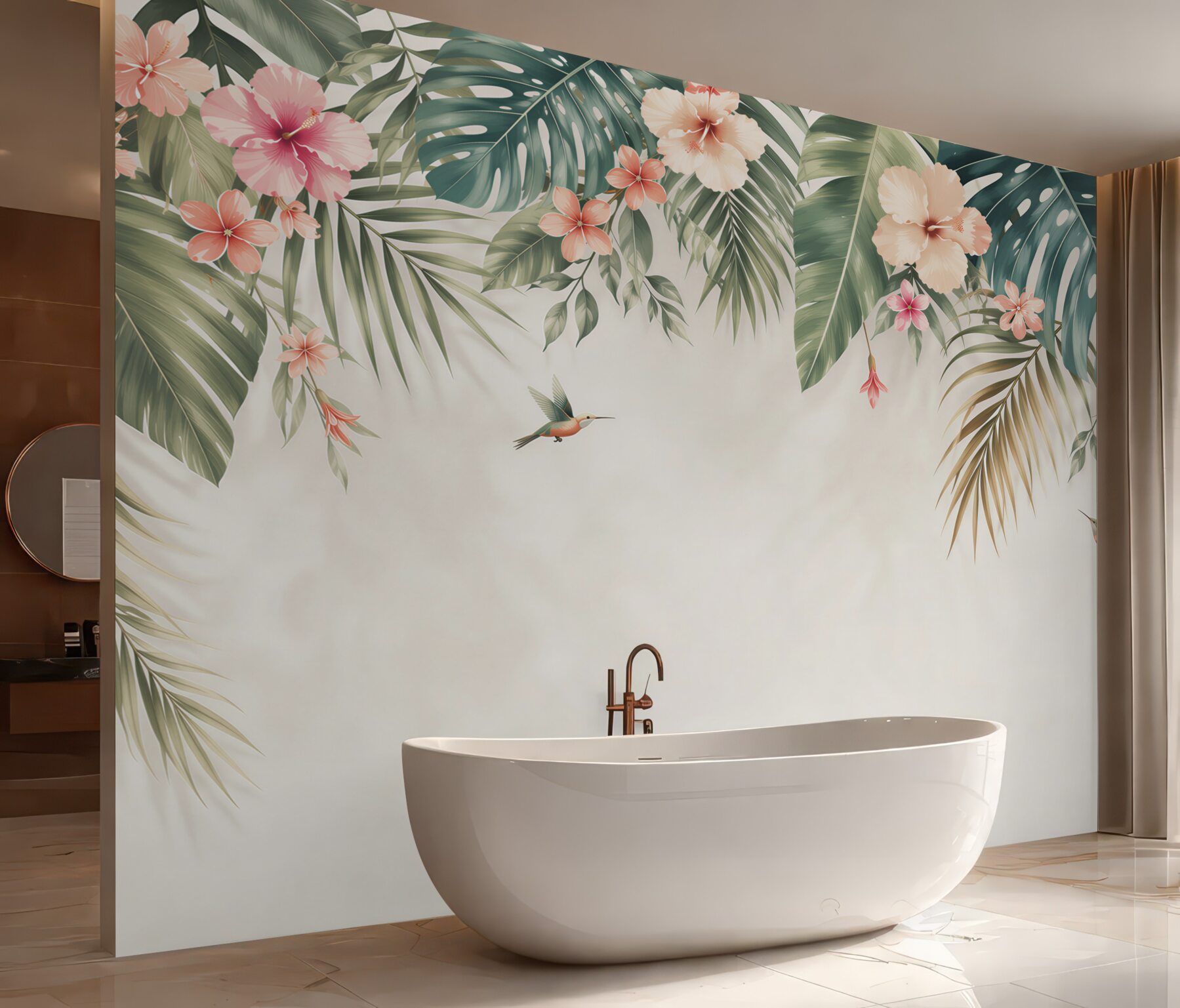 Fototapeta liście tropikalne z hibiskusami i kolibrami pastelowa?v23