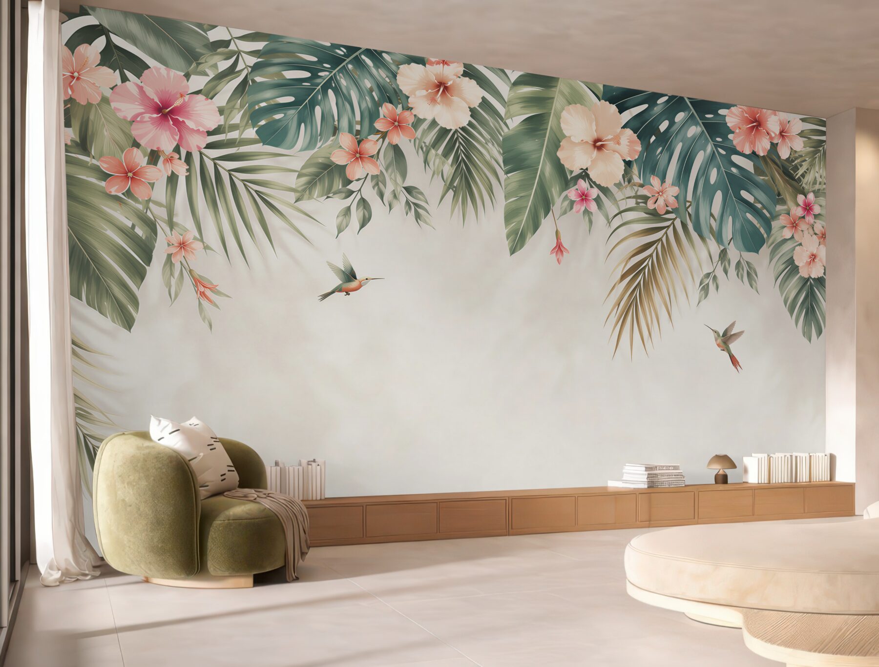 Fototapeta liście tropikalne z hibiskusami i kolibrami pastelowa?v23