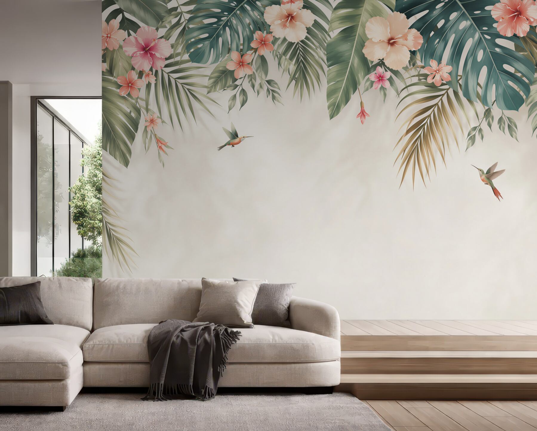 Fototapeta liście tropikalne z hibiskusami i kolibrami pastelowa?v23