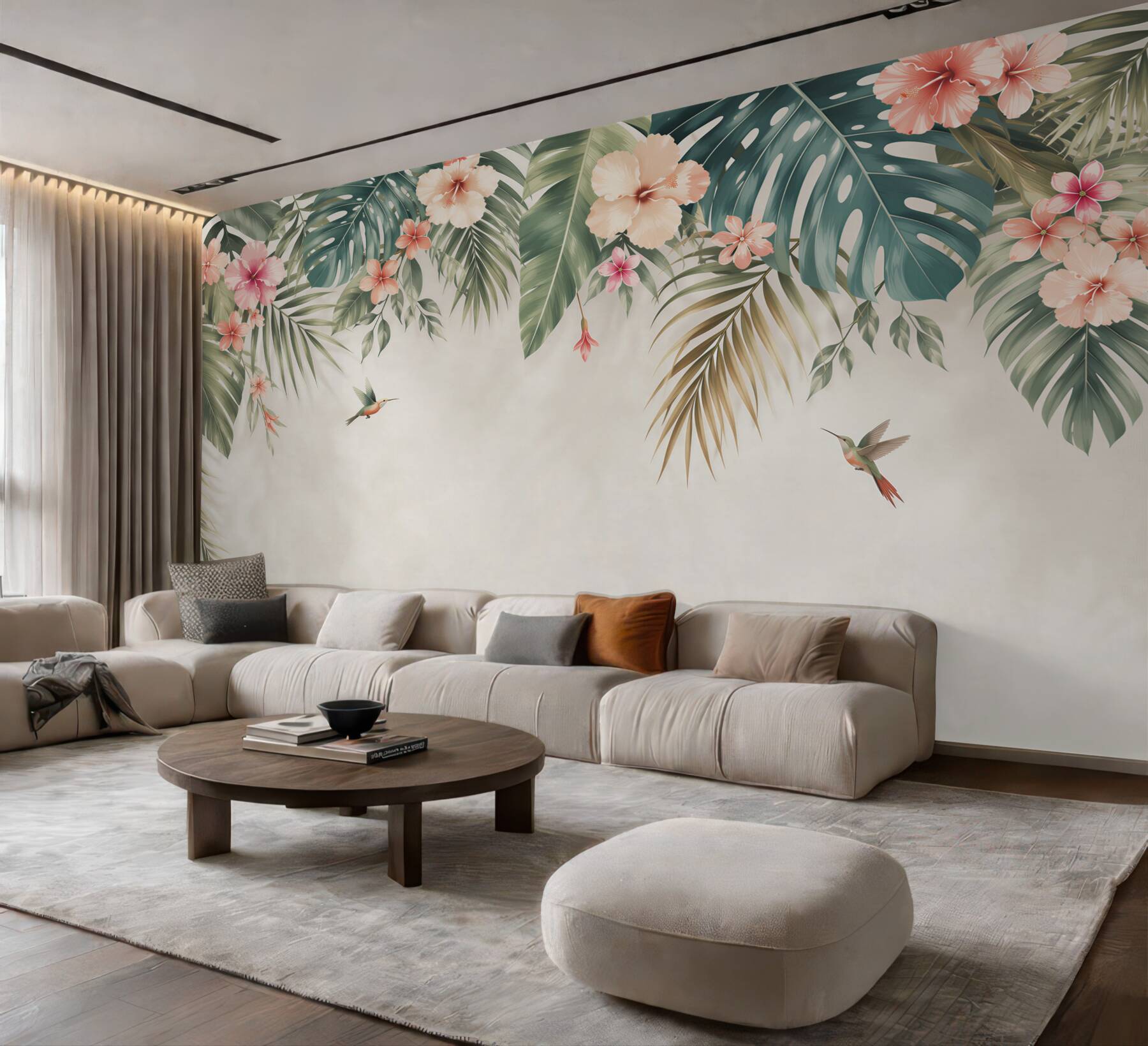 Fototapeta liście tropikalne z hibiskusami i kolibrami pastelowa?v23