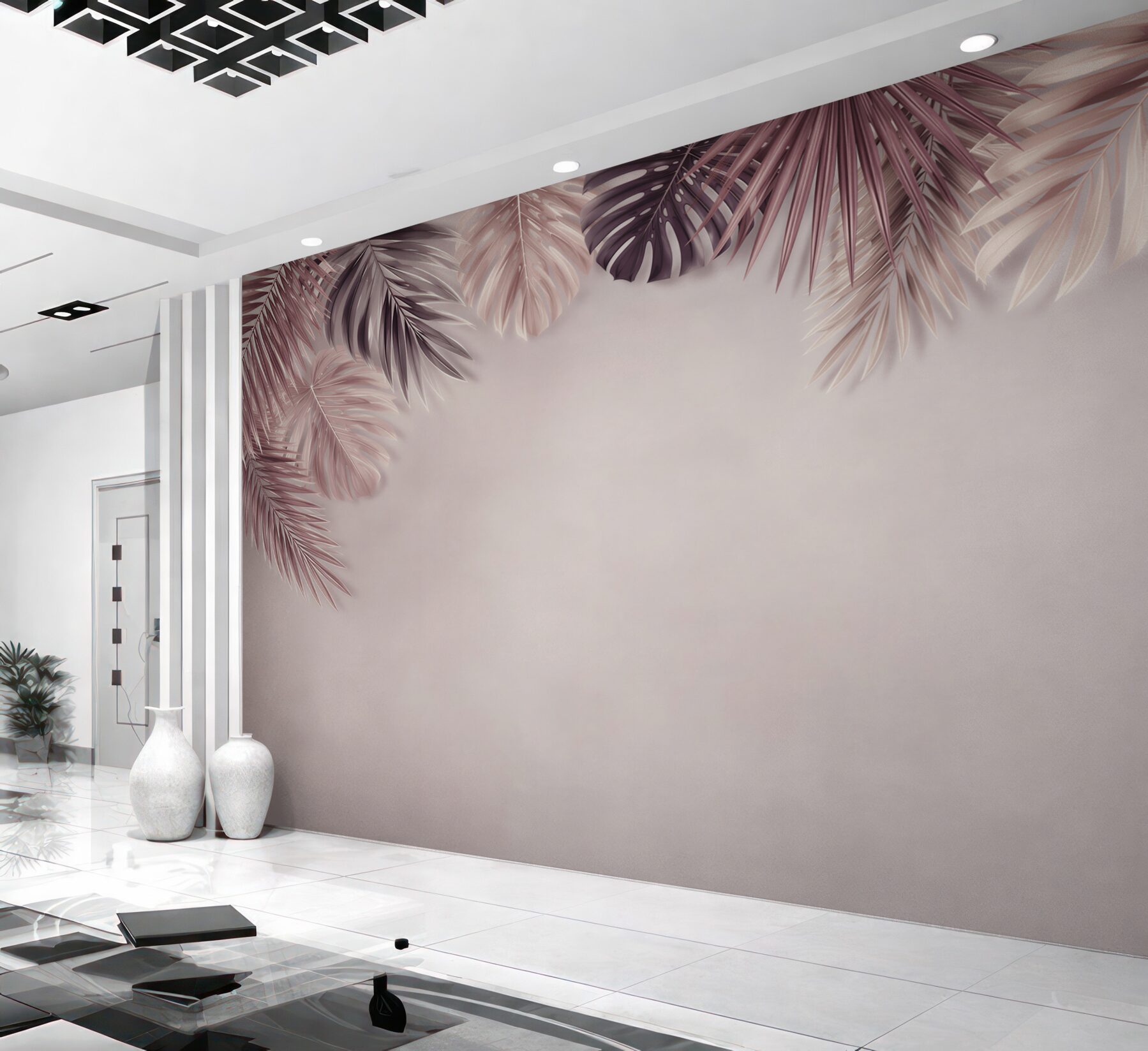 Fototapeta liście palmowe pudrowy róż tropikalna elegancja?v23