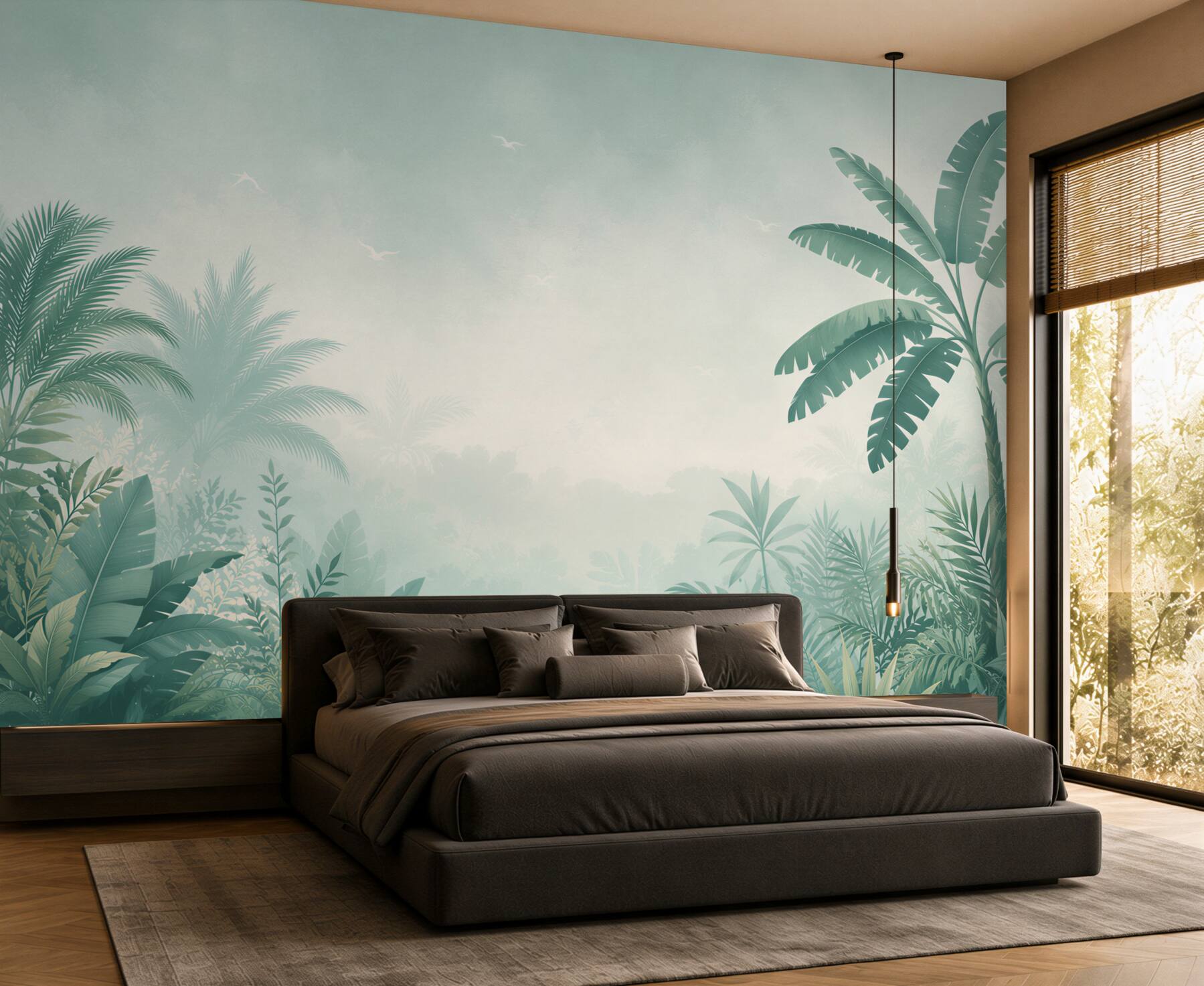 Fototapeta tropikalna dżungla zielona we mgle do salonu w stylu naturalnym?v23