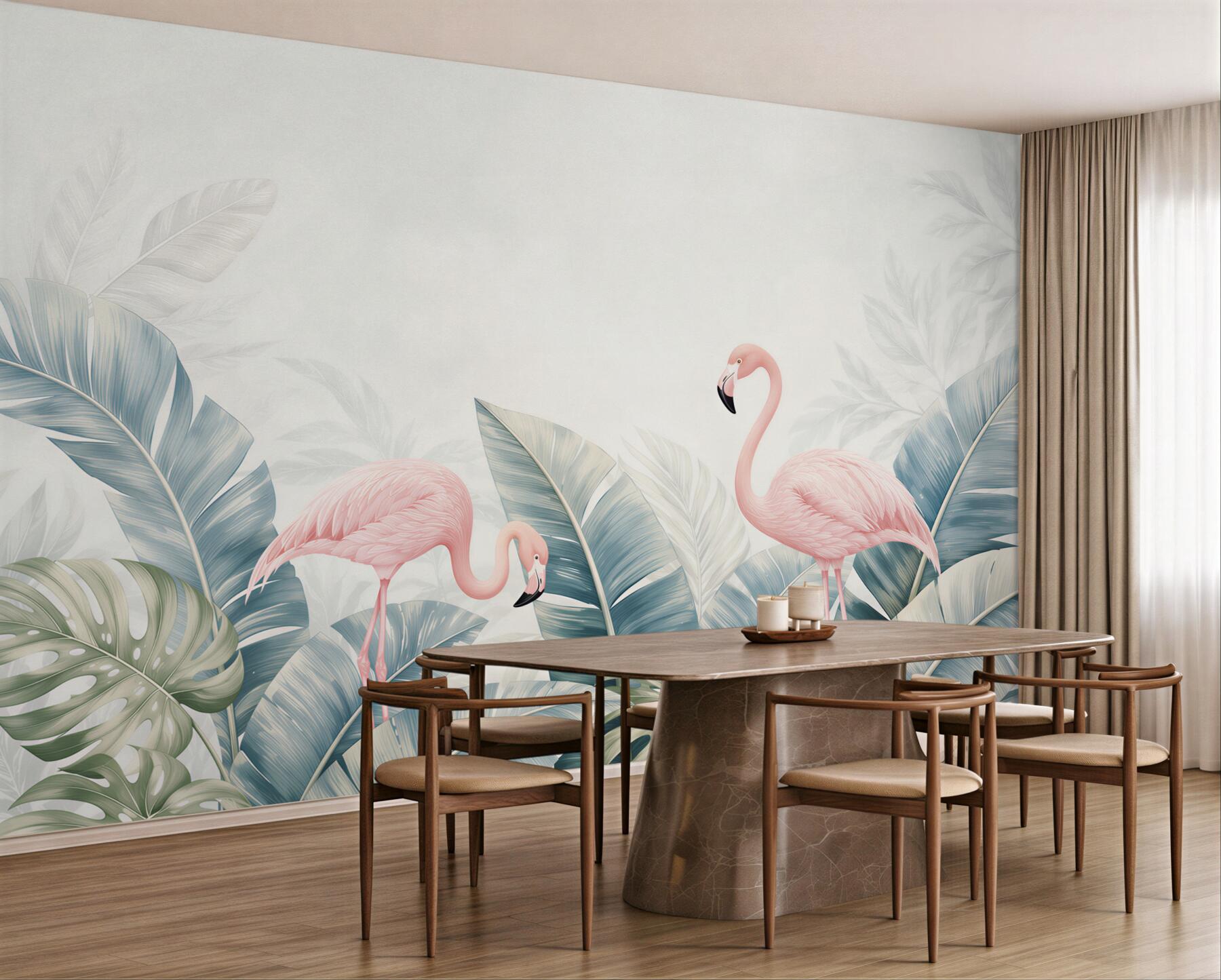 Fototapeta różowe flamingi wśród tropikalnych liści pastelowa?v23