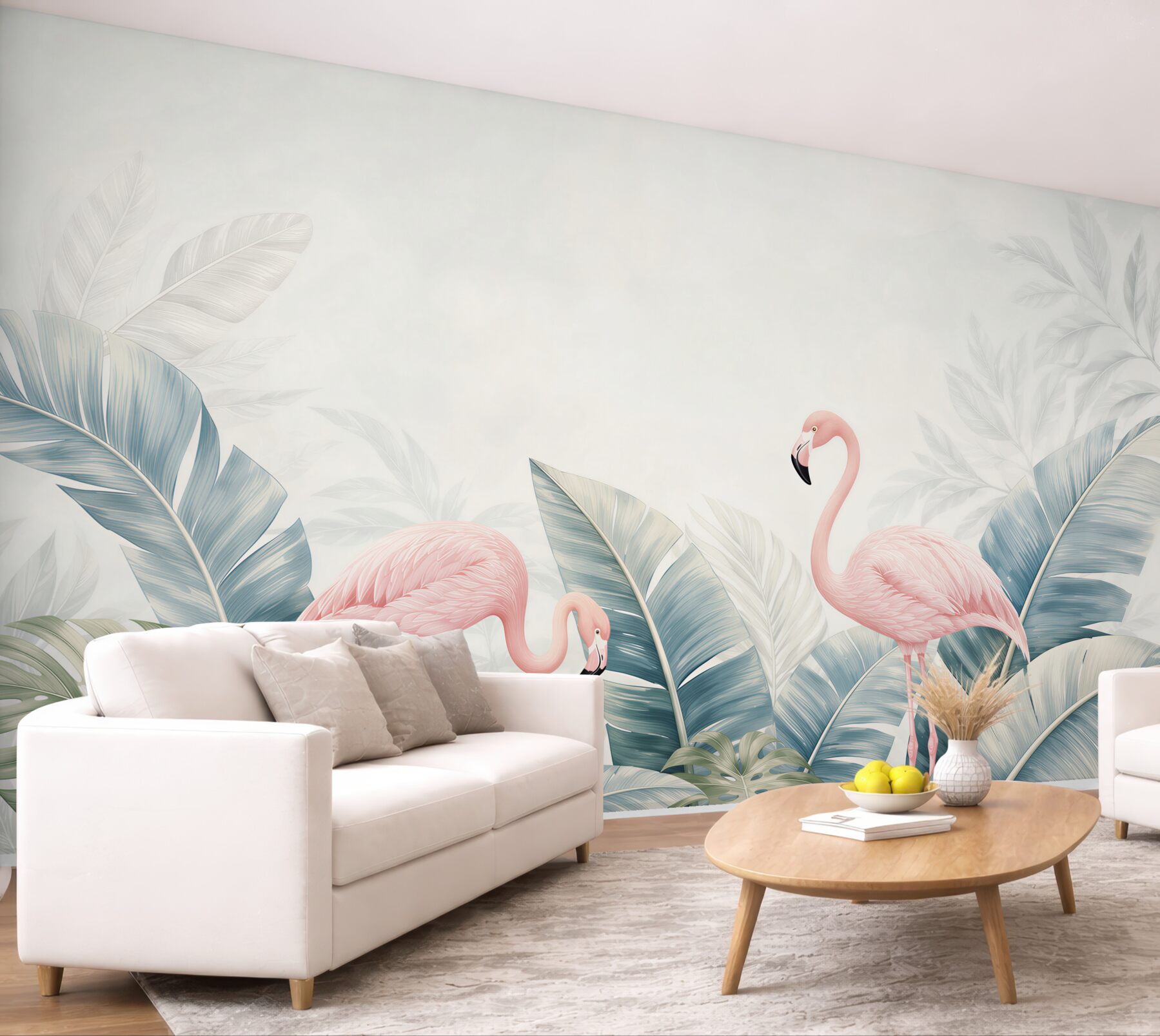 Fototapeta różowe flamingi wśród tropikalnych liści pastelowa?v23