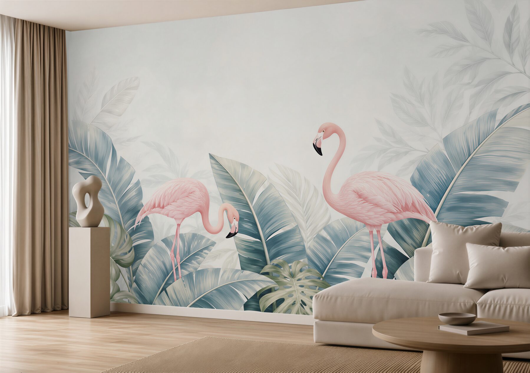 Fototapeta różowe flamingi wśród tropikalnych liści pastelowa?v23