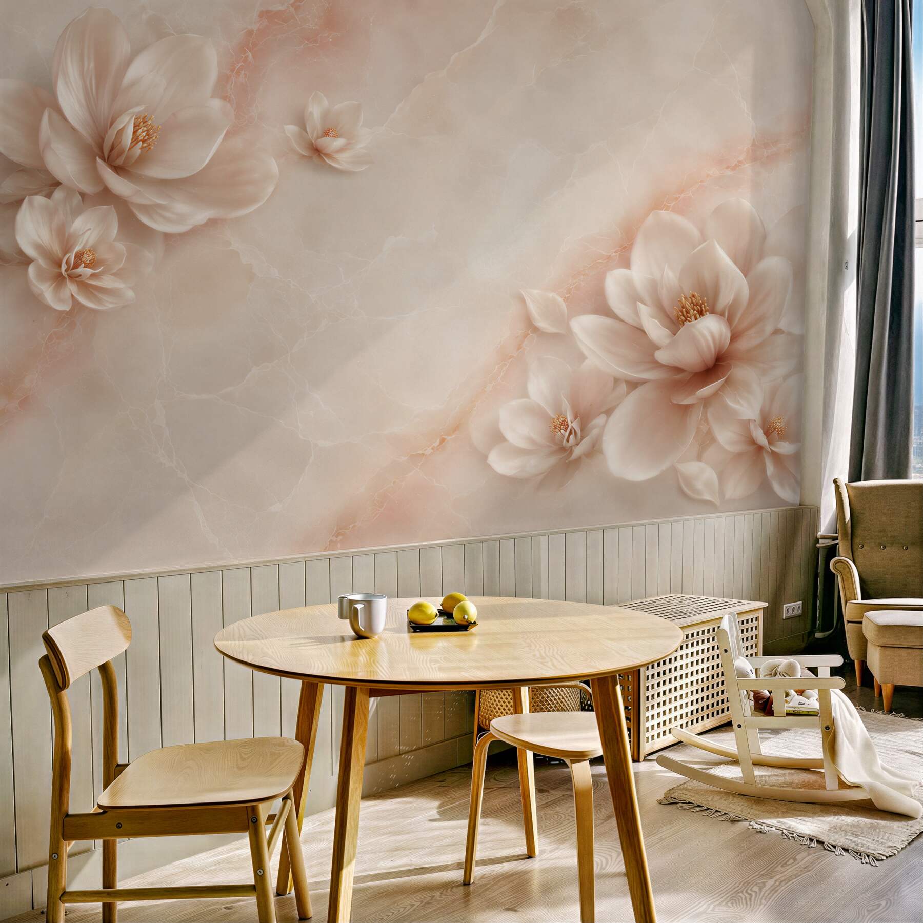 Fototapeta kwiaty magnolii beżowe na marmurowym tle elegancka?v23