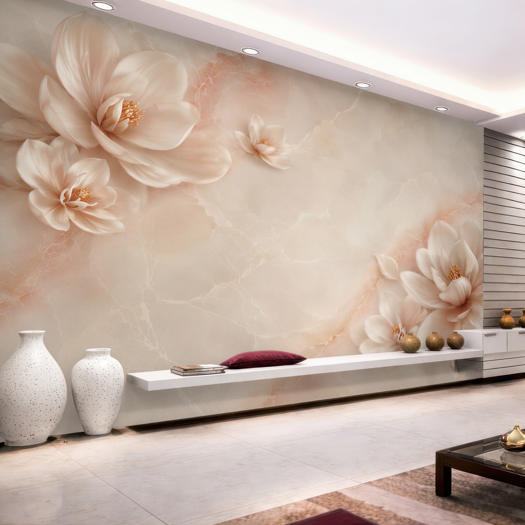 Fototapeta kwiaty magnolii beżowe na marmurowym tle elegancka?v23