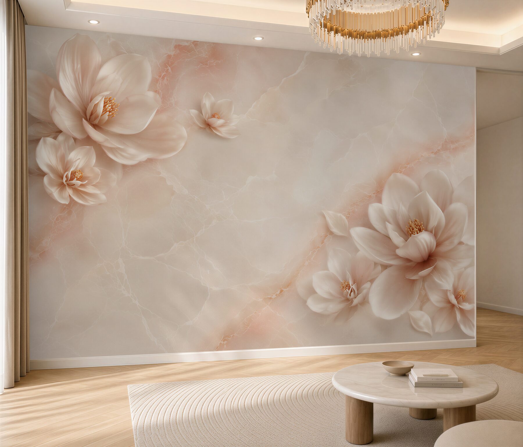 Fototapeta kwiaty magnolii beżowe na marmurowym tle elegancka?v23