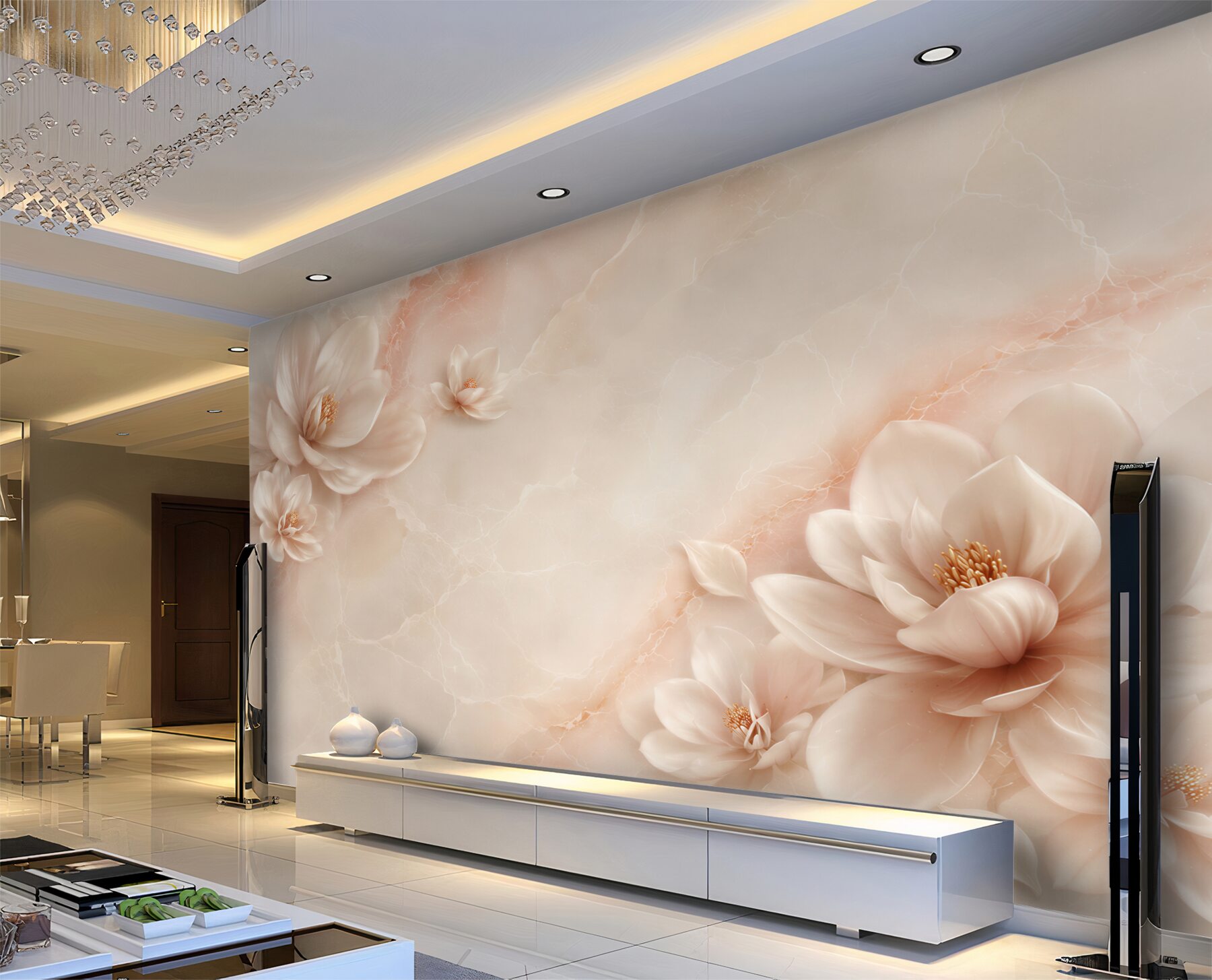 Fototapeta kwiaty magnolii beżowe na marmurowym tle elegancka