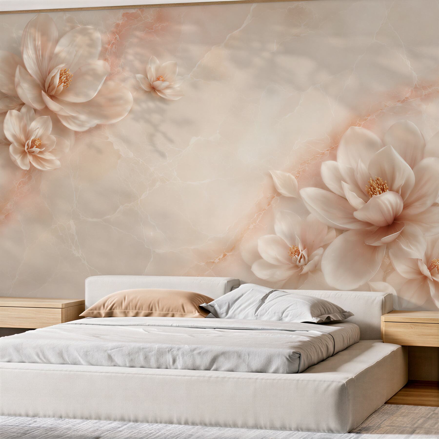 Fototapeta kwiaty magnolii beżowe na marmurowym tle elegancka?v23