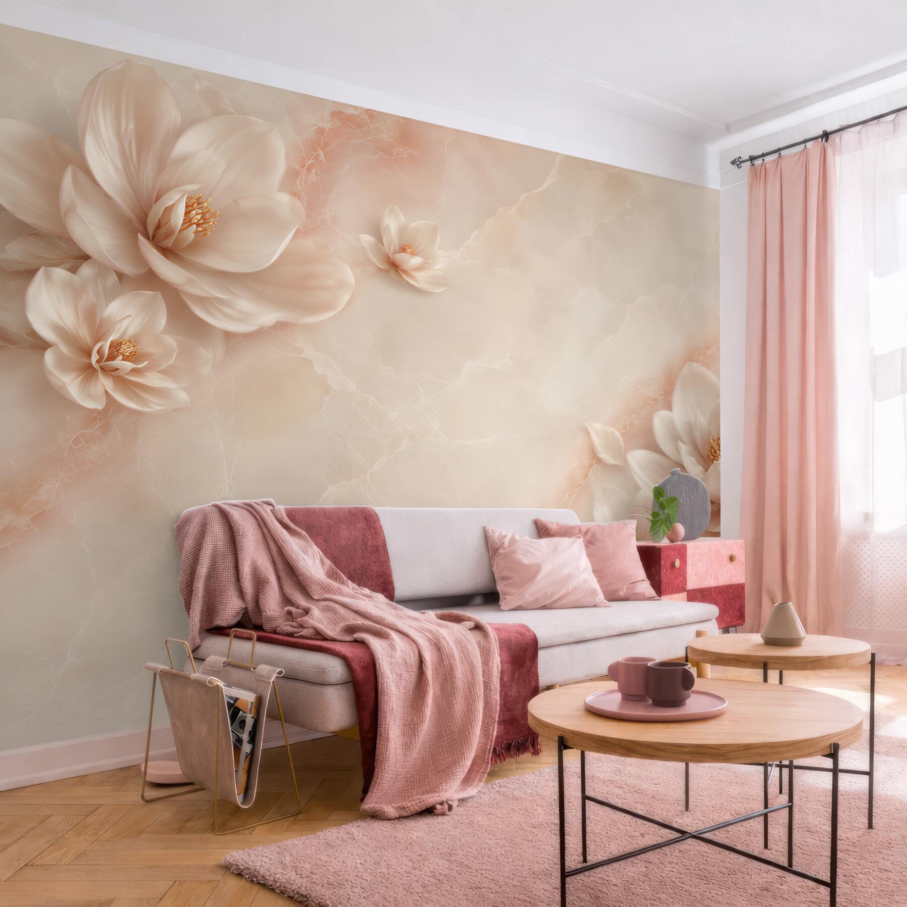 Fototapeta kwiaty magnolii beżowe na marmurowym tle elegancka?v23