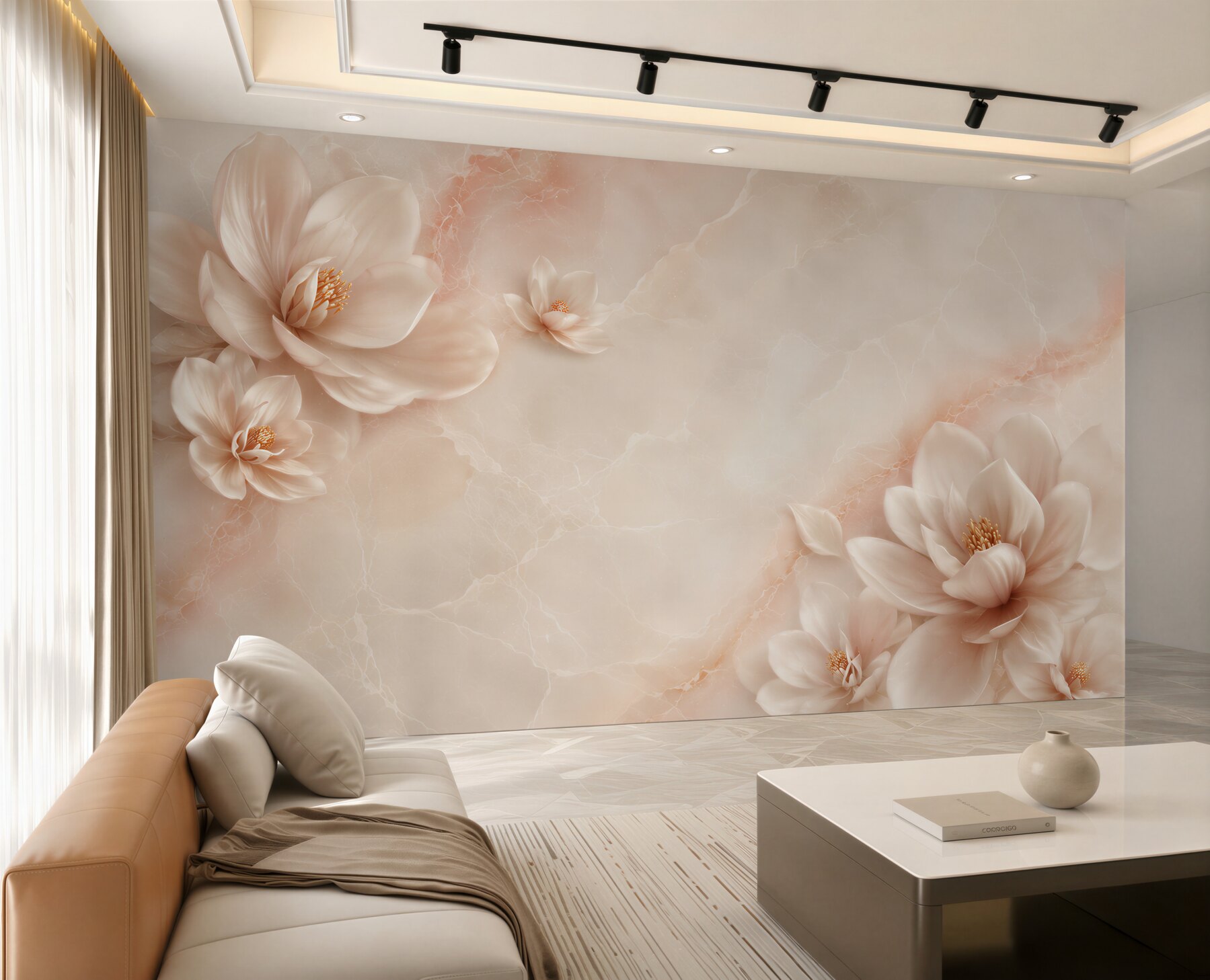 Fototapeta kwiaty magnolii beżowe na marmurowym tle elegancka?v23