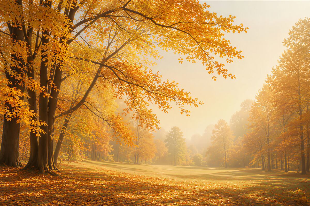 Fototapeta jesienny park ze złotymi drzewami w porannym świetle