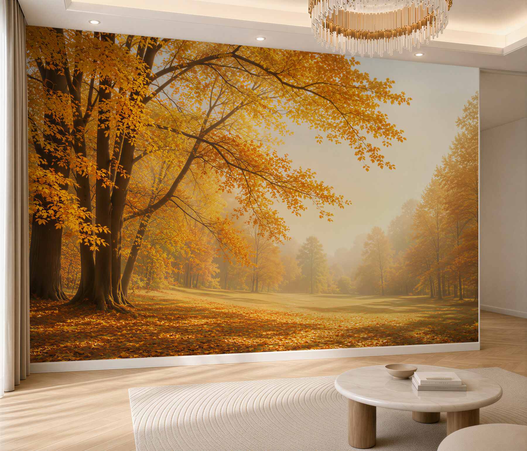 Fototapeta jesienny park ze złotymi drzewami w porannym świetle?v23