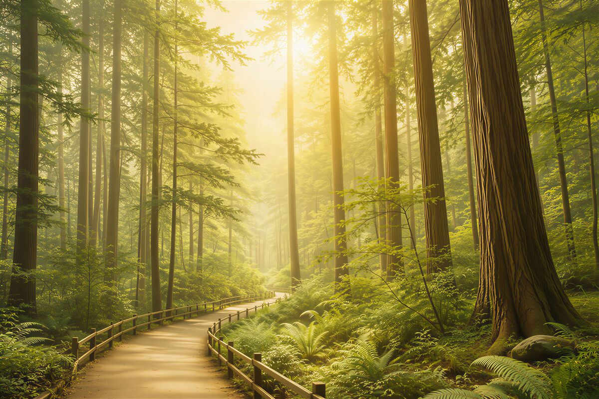 Fototapeta leśna ścieżka w słonecznym lesie zielona naturalna