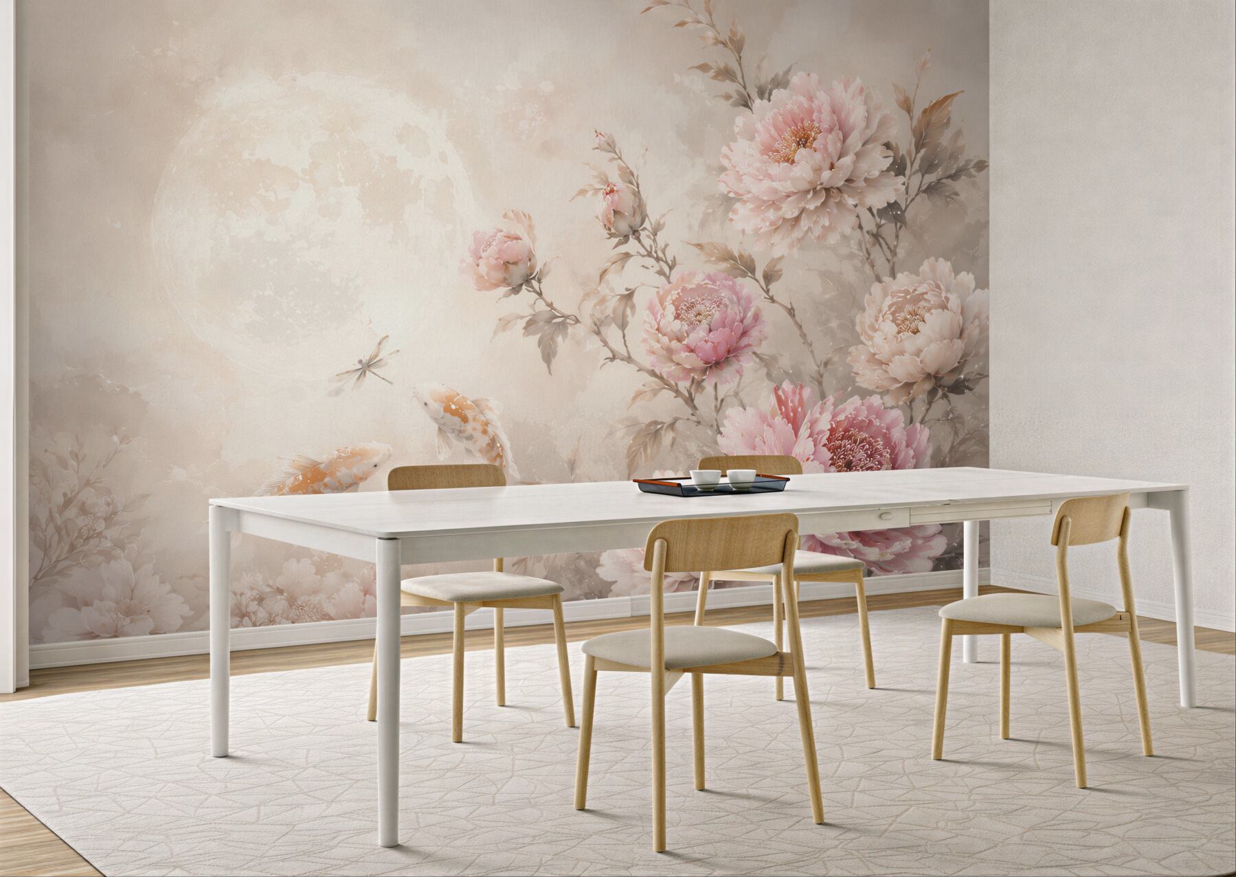 Fototapeta piwonie i karpie koi pastelowa beżowo różowa elegancka?v23