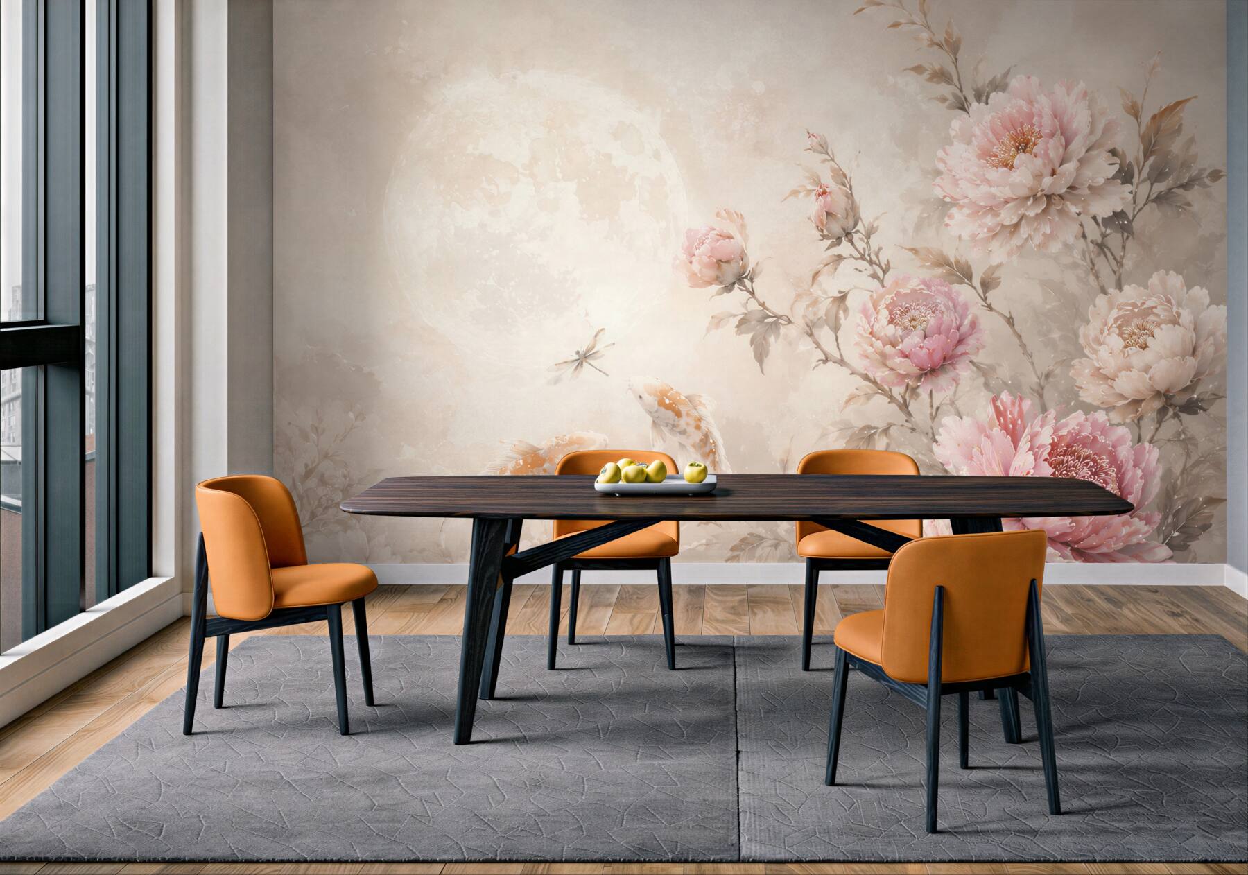 Fototapeta piwonie i karpie koi pastelowa beżowo różowa elegancka?v23