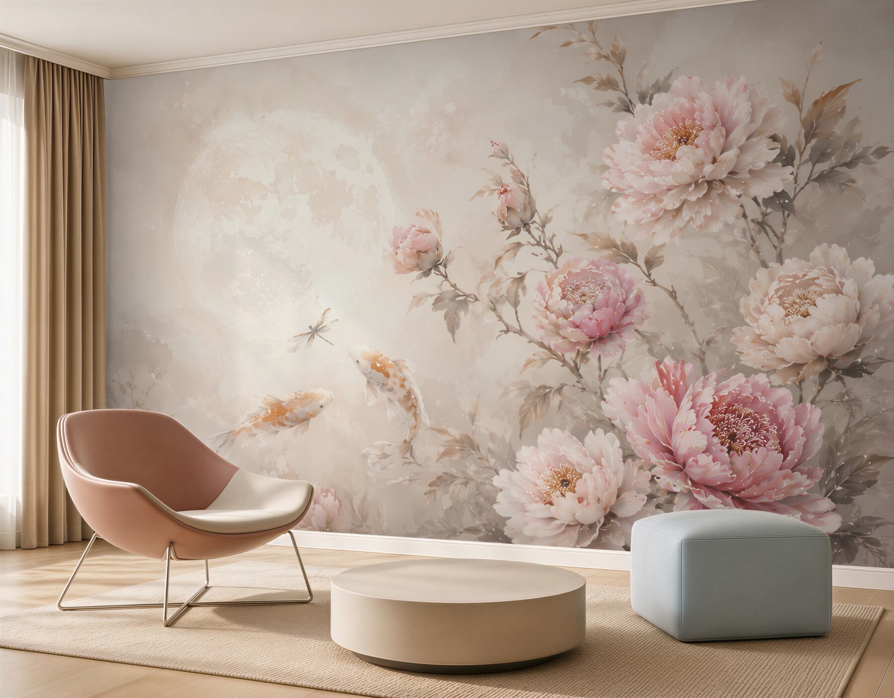 Fototapeta piwonie i karpie koi pastelowa beżowo różowa elegancka?v23