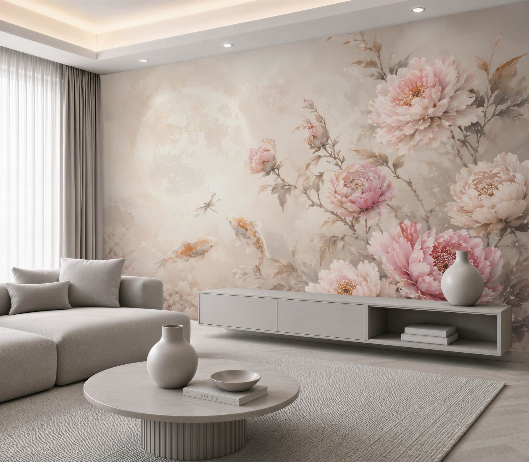 Fototapeta piwonie i karpie koi pastelowa beżowo różowa elegancka?v23