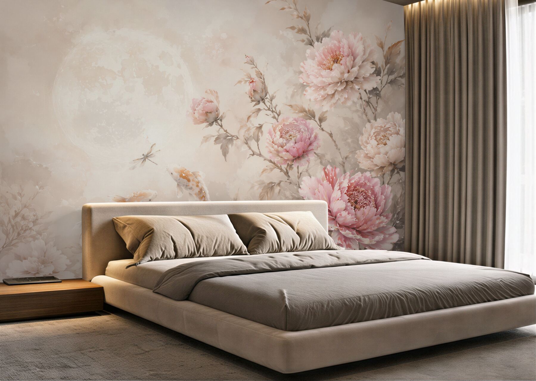 Fototapeta piwonie i karpie koi pastelowa beżowo różowa elegancka?v23