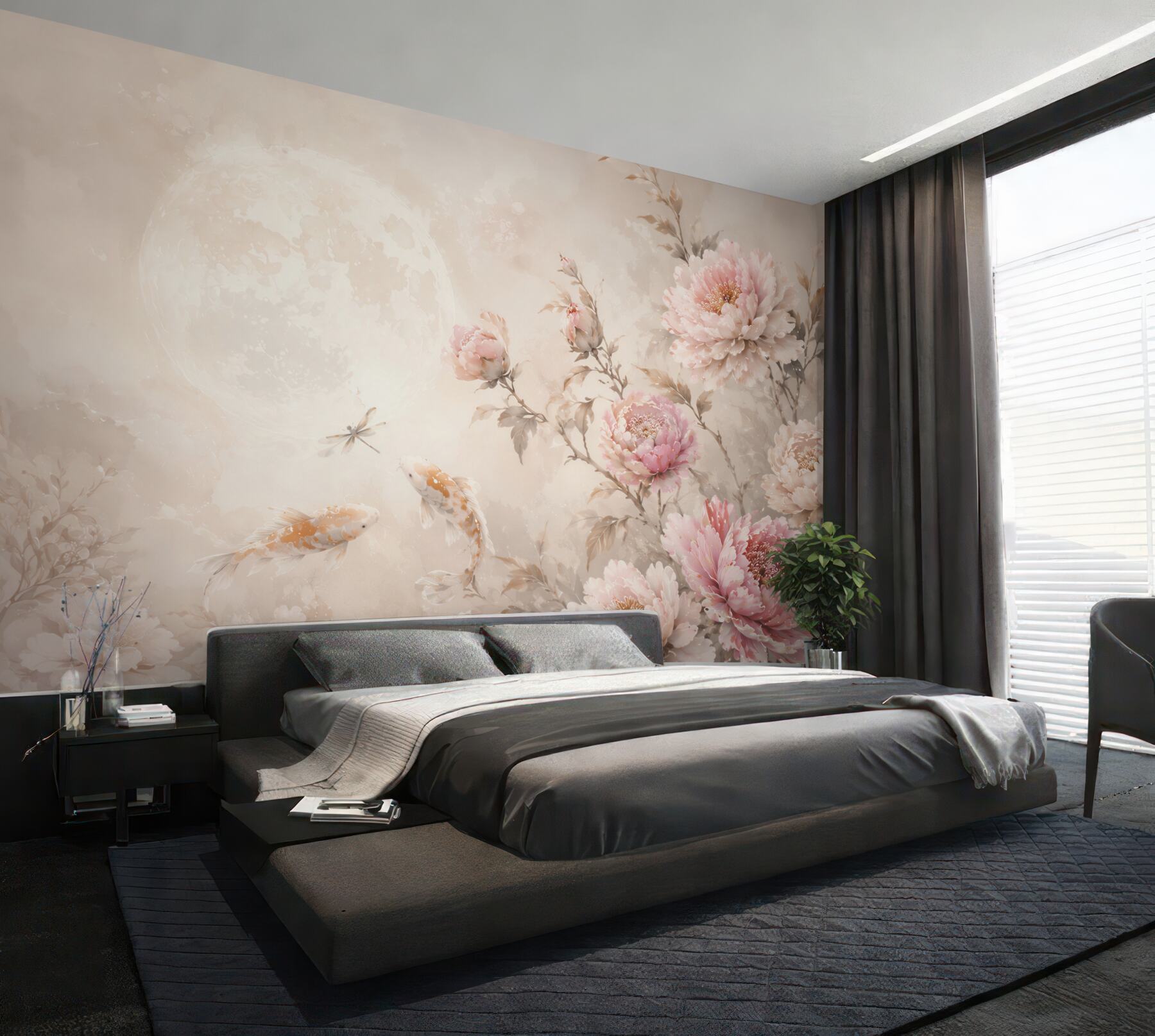 Fototapeta piwonie i karpie koi pastelowa beżowo różowa elegancka?v23