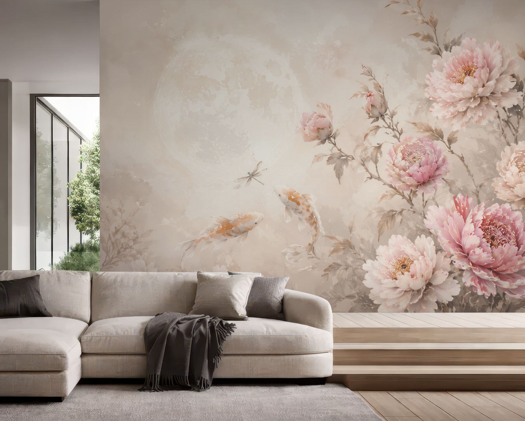 Fototapeta piwonie i karpie koi pastelowa beżowo różowa elegancka?v23