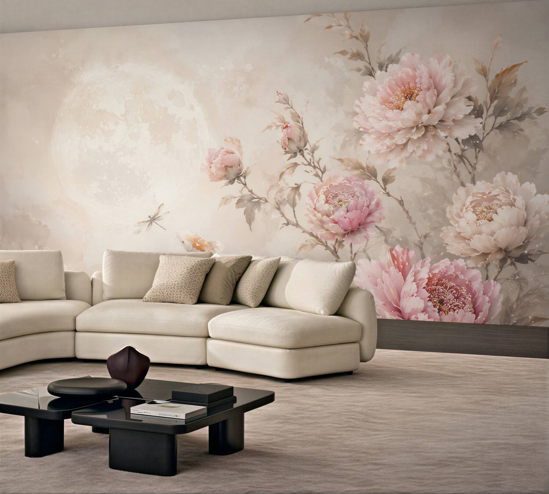 Fototapeta piwonie i karpie koi pastelowa beżowo różowa elegancka?v23