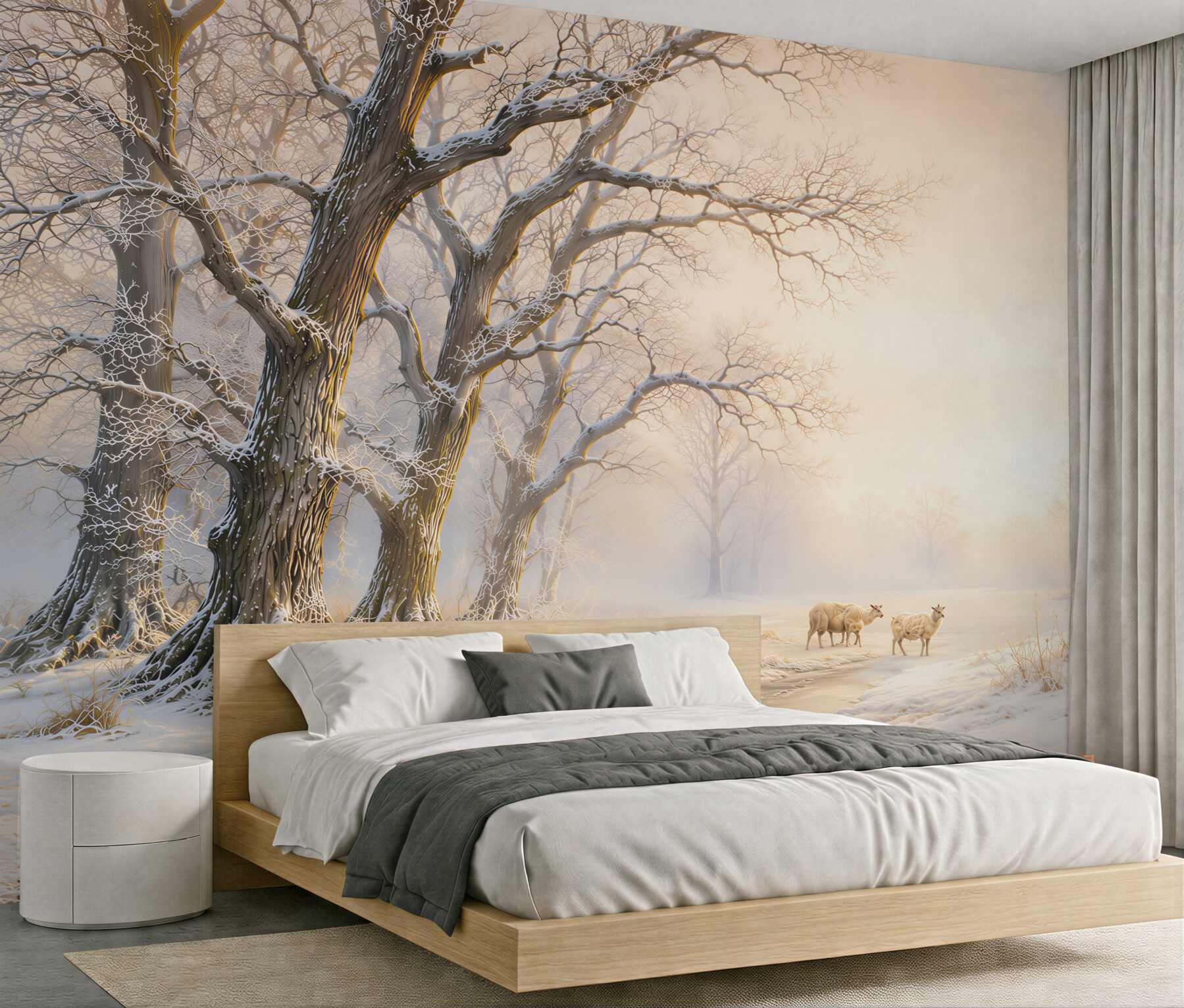 Fototapeta zimowy las ze strumykiem i owcami w jasnych beżach?v23