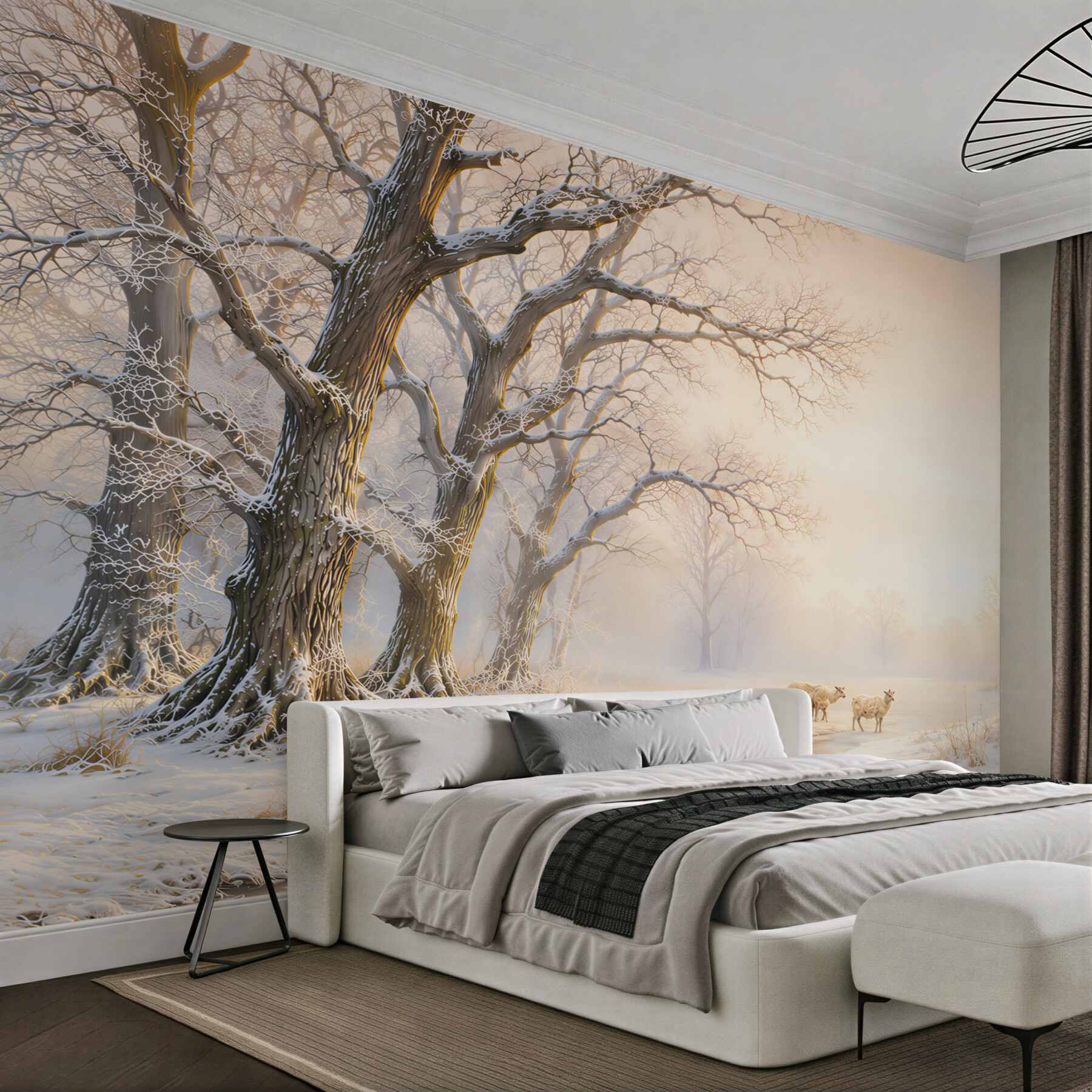 Fototapeta zimowy las ze strumykiem i owcami w jasnych beżach?v23