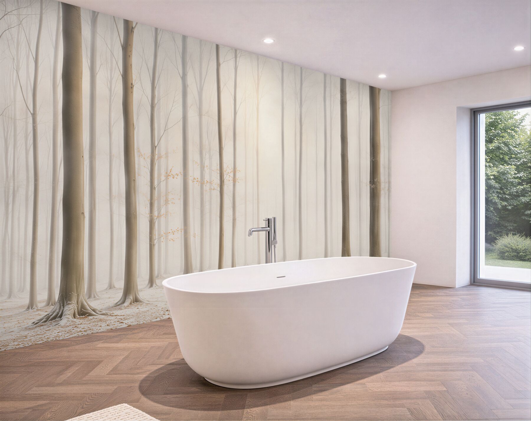 Fototapeta jasny las we mgle minimalistyczny pejzaż w beżowych tonach?v23