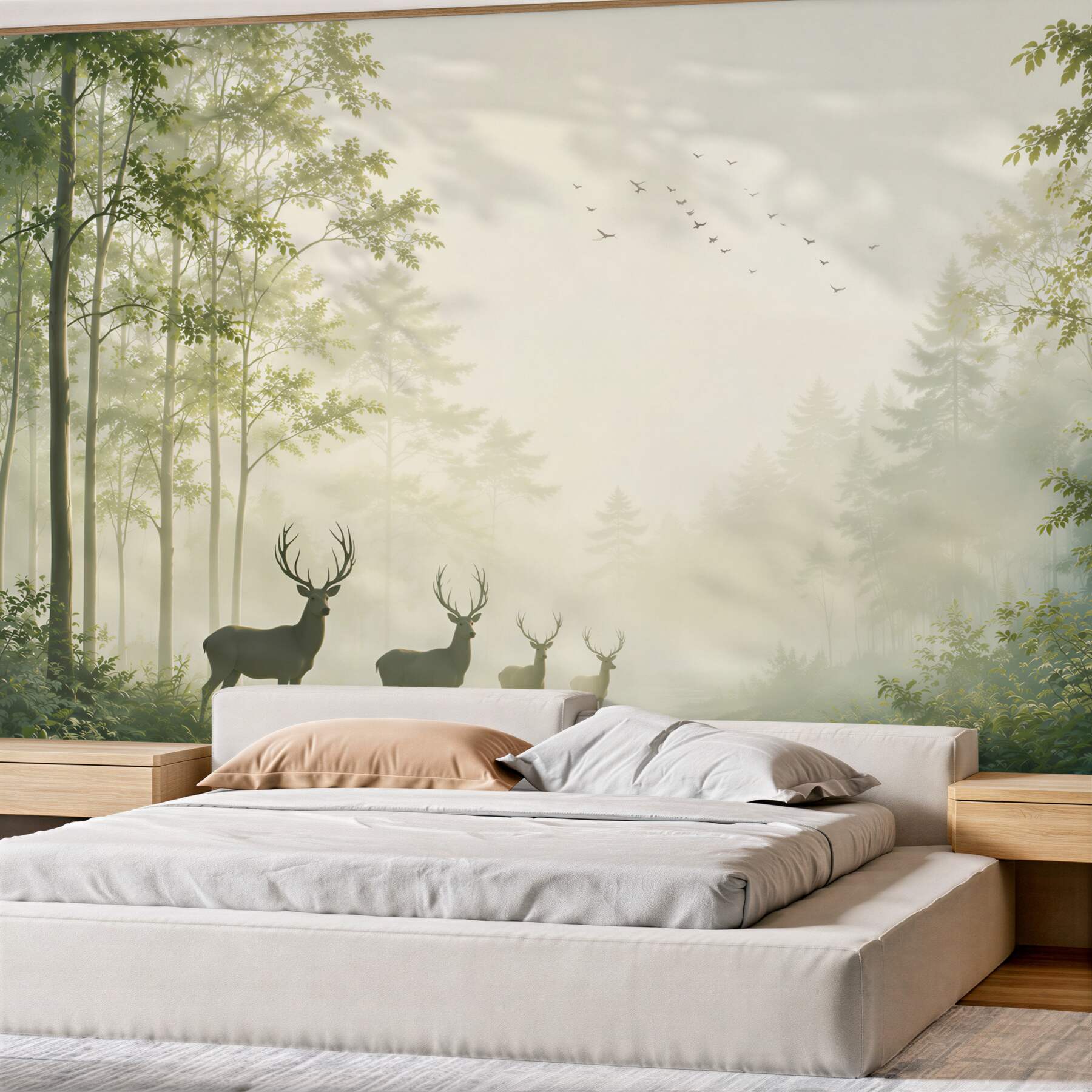 Fototapeta jelenie w lesie we mgle spokojny naturalny pejzaż?v23