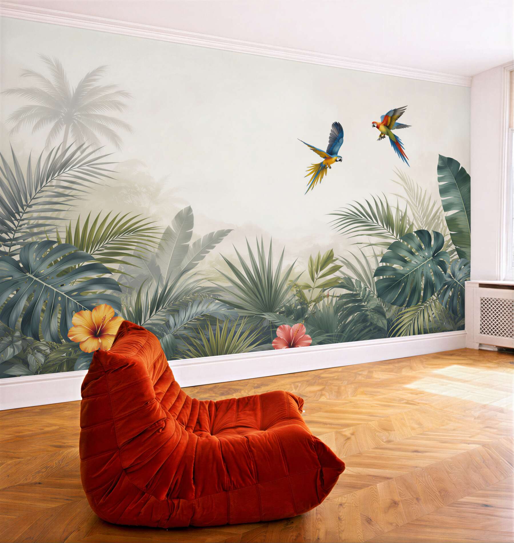 Fototapeta tropikalne liście z papugami i hibiskusem w jasnych beżach?v23