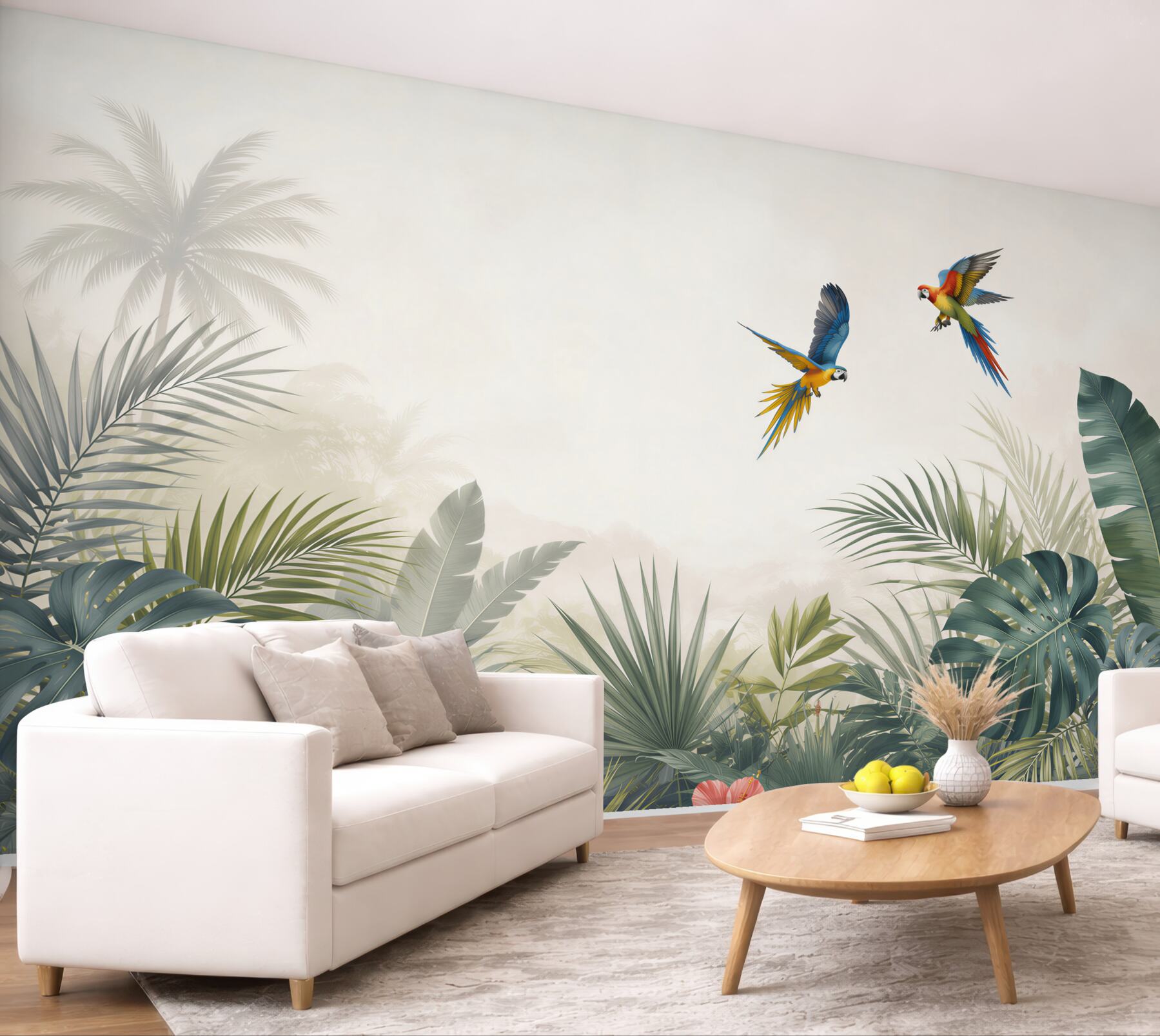 Fototapeta tropikalne liście z papugami i hibiskusem w jasnych beżach?v23