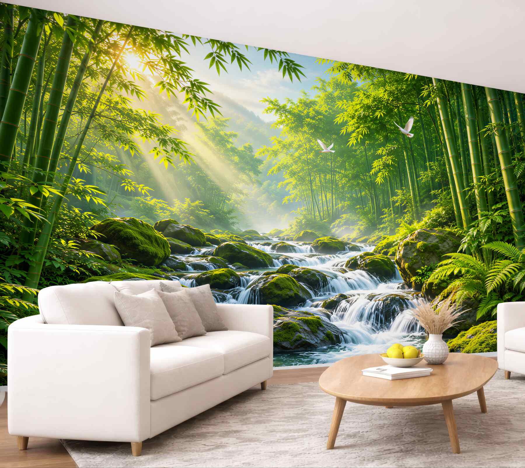 Fototapeta bambusowy las z górskim strumieniem i promieniami słońca?v23