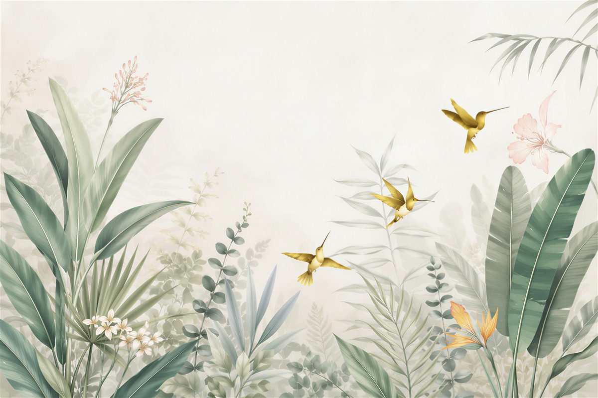 Fototapeta tropikalne liście z kolibrami pastelowa do sypialni