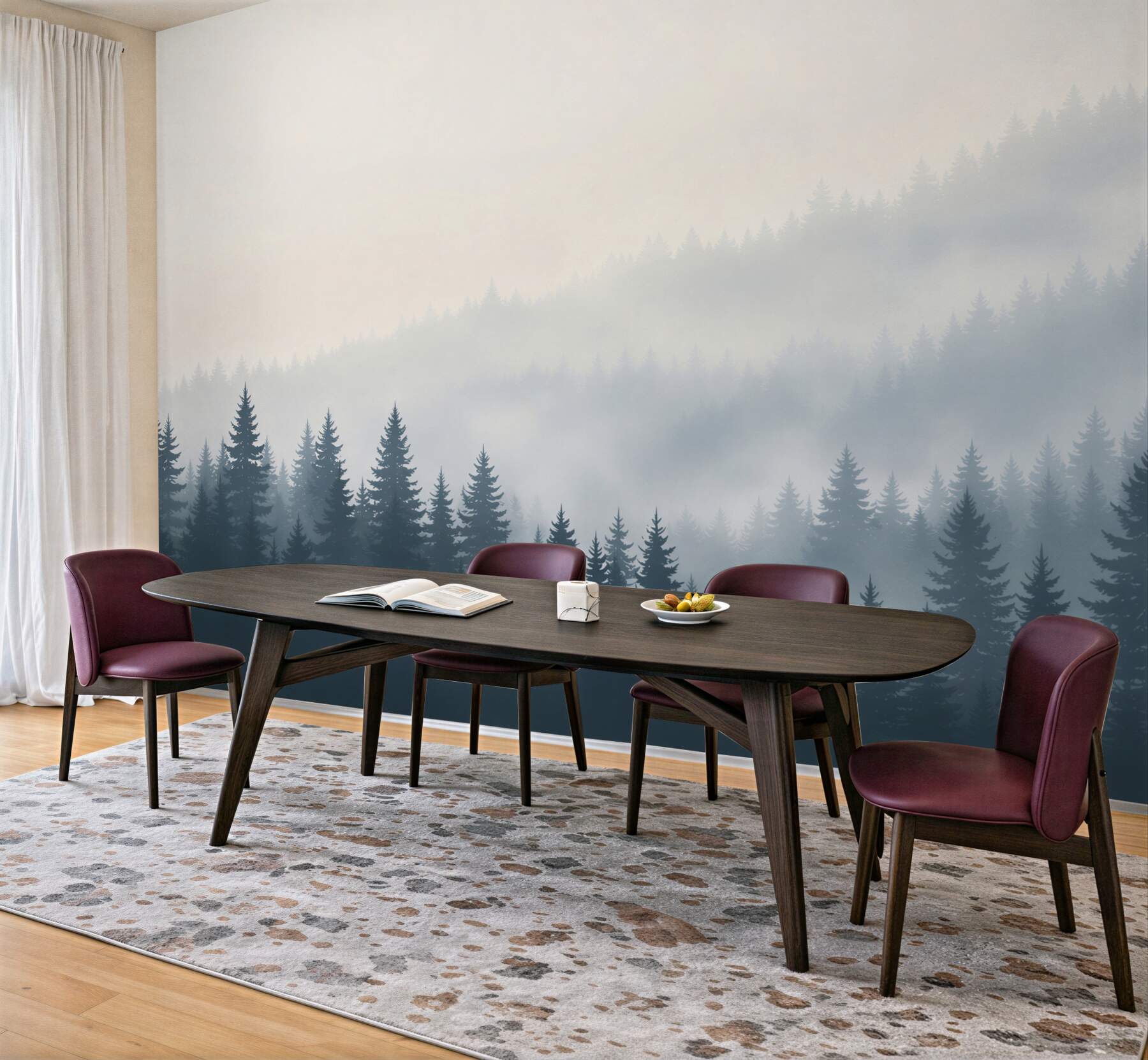 Fototapeta iglasty las we mgle minimalistyczny pejzaż w chłodnych szarościach?v23