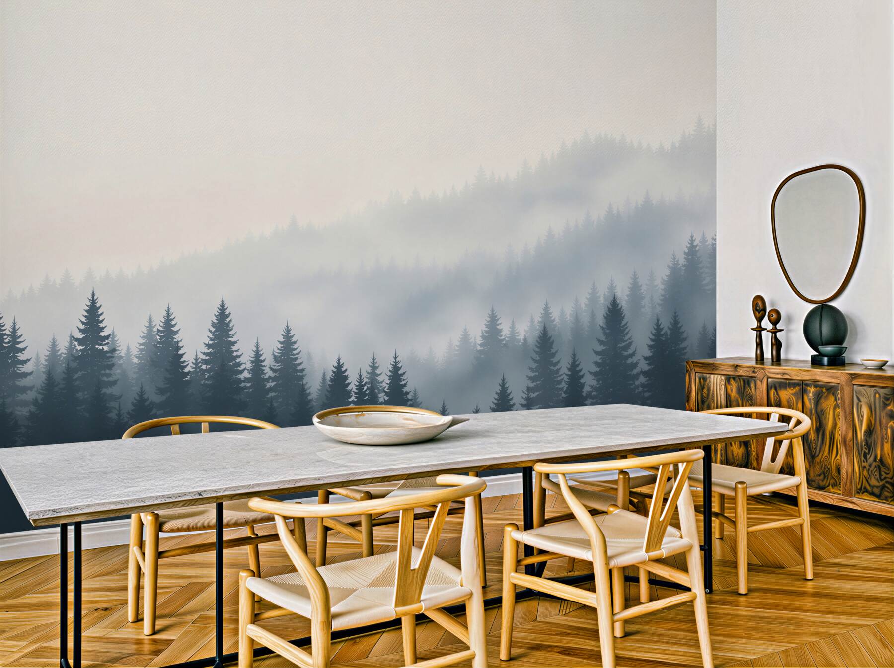 Fototapeta iglasty las we mgle minimalistyczny pejzaż w chłodnych szarościach?v23