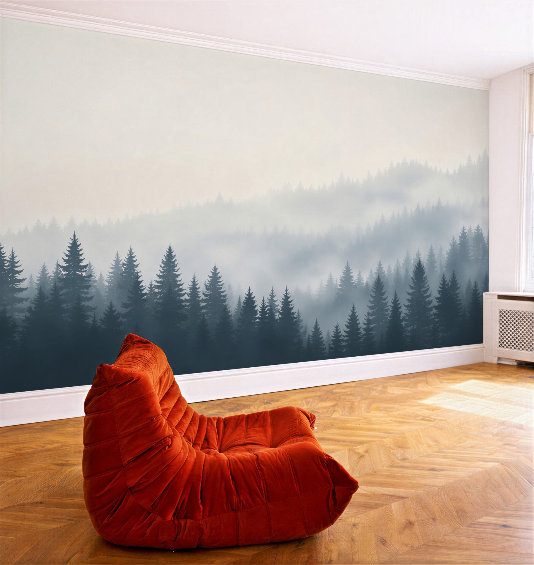 Fototapeta iglasty las we mgle minimalistyczny pejzaż w chłodnych szarościach?v23