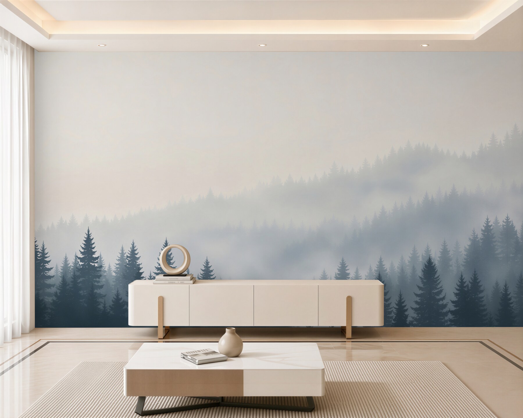 Fototapeta iglasty las we mgle minimalistyczny pejzaż w chłodnych szarościach?v23