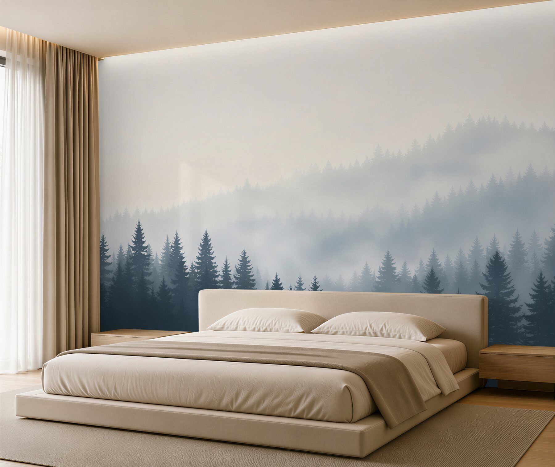 Fototapeta iglasty las we mgle minimalistyczny pejzaż w chłodnych szarościach?v23