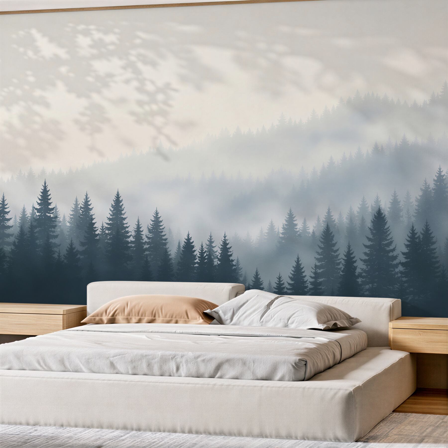 Fototapeta iglasty las we mgle minimalistyczny pejzaż w chłodnych szarościach?v23