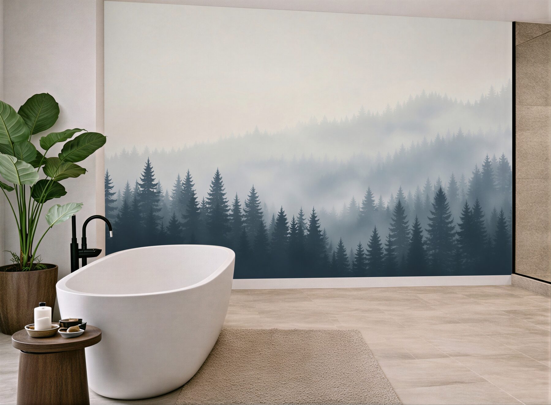 Fototapeta iglasty las we mgle minimalistyczny pejzaż w chłodnych szarościach?v23