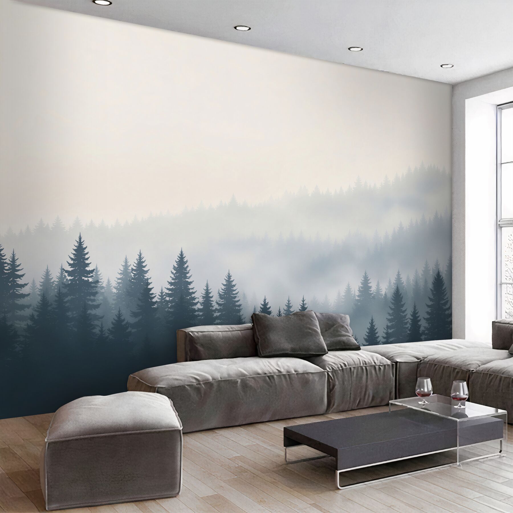 Fototapeta iglasty las we mgle minimalistyczny pejzaż w chłodnych szarościach?v23