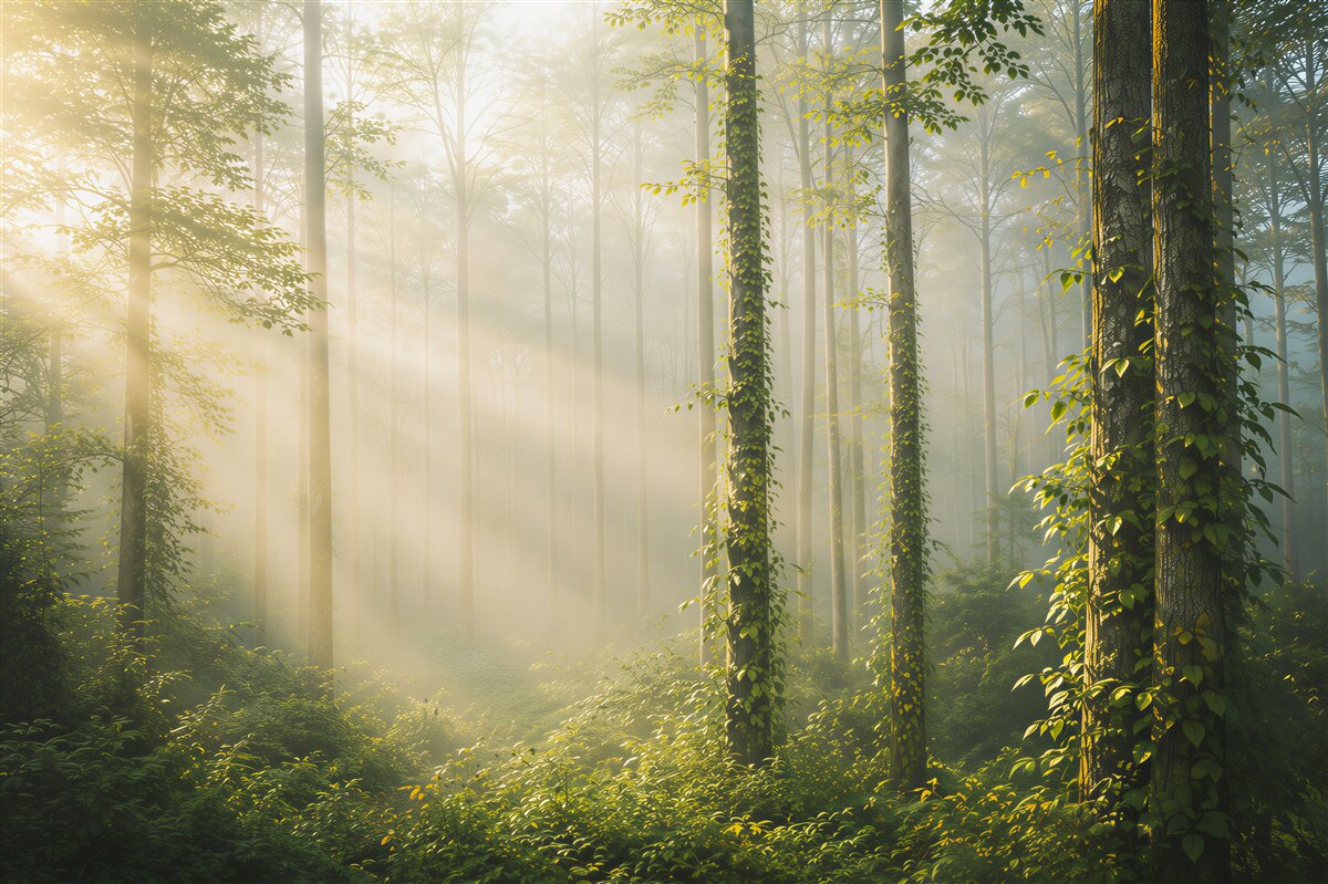 Fototapeta słoneczny las we mgle zielony naturalny pejzaż do salonu