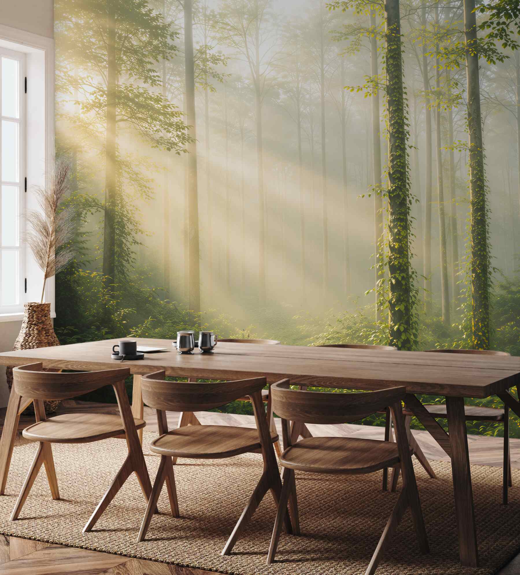 Fototapeta słoneczny las we mgle zielony naturalny pejzaż do salonu?v23